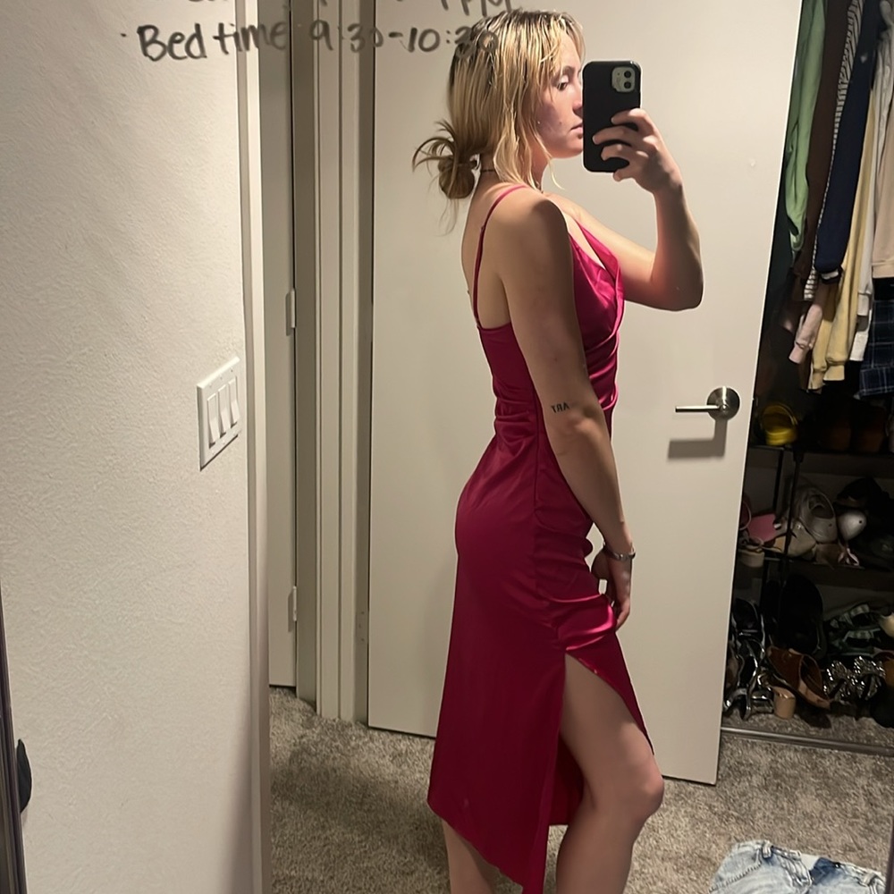 Pink satin midi formal dress